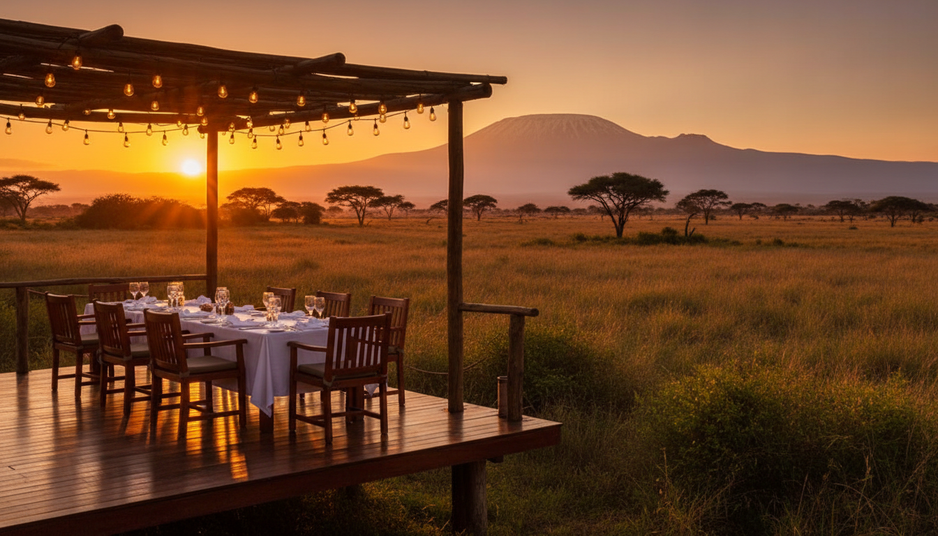 Luxury safari dining experience overlooking the savanna at sunset